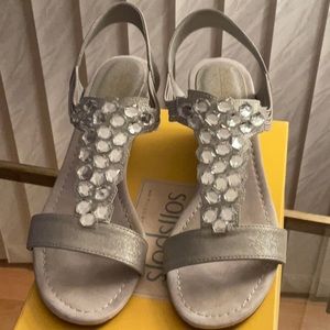 New York Transit Silver Wedge Sandals, size 9.